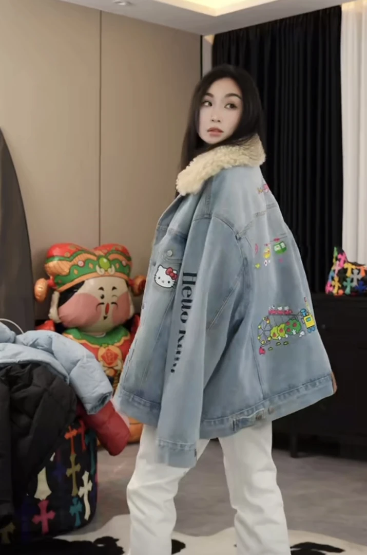 【劉發發】W495【猫咪羽绒牛仔】新款韩版百搭时尚休闲加厚外套羽绒服
