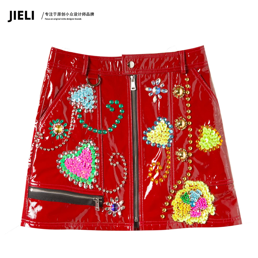 JIE LI/街力原创小众设计师高定款半身裙红色皮裙女W1580