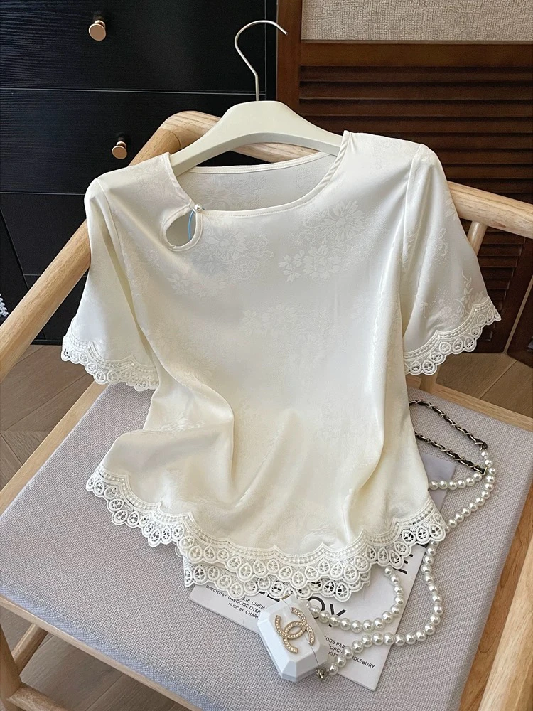 【茶风】通勤常规通用短袖圆领休闲风衬衫白色时尚夏季高腰