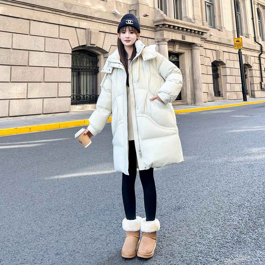 柒柒专属 韩版加厚保暖纯色盐系宽松百搭过膝连帽羽绒服女8160