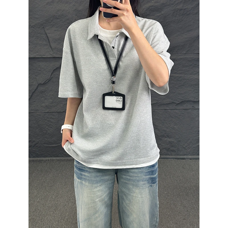 假两件polo衫短袖男款夏季高级感翻领T恤cleanfit情侣装五分半袖