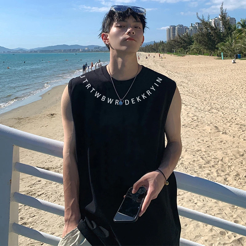 100%纯棉美式潮牌休闲宽松背心男女个性字母印花夏季情侣无袖上衣