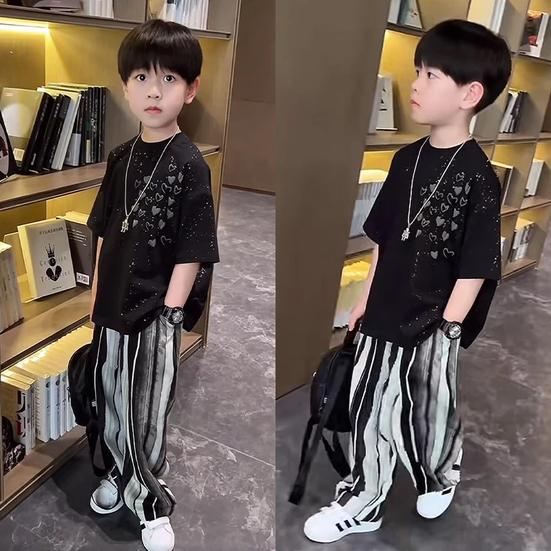 男童夏季短袖T恤套装2025新款痞帅潮酷男孩夏装冰丝防蚊裤两件套