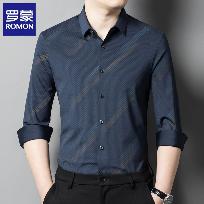 罗蒙衬衫男长袖斜条纹商务休闲秋季新款男士衬衣美式休闲百搭寸衫