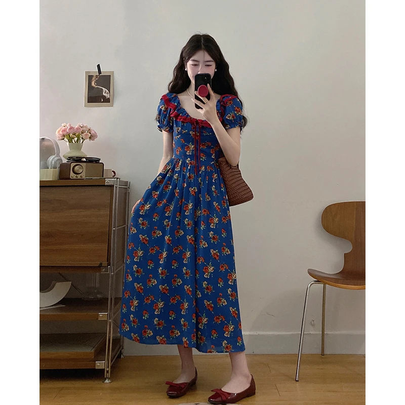 大码女装法式新款复古收腰碎花连衣裙女胖MM藏肉显瘦洋气森系长裙