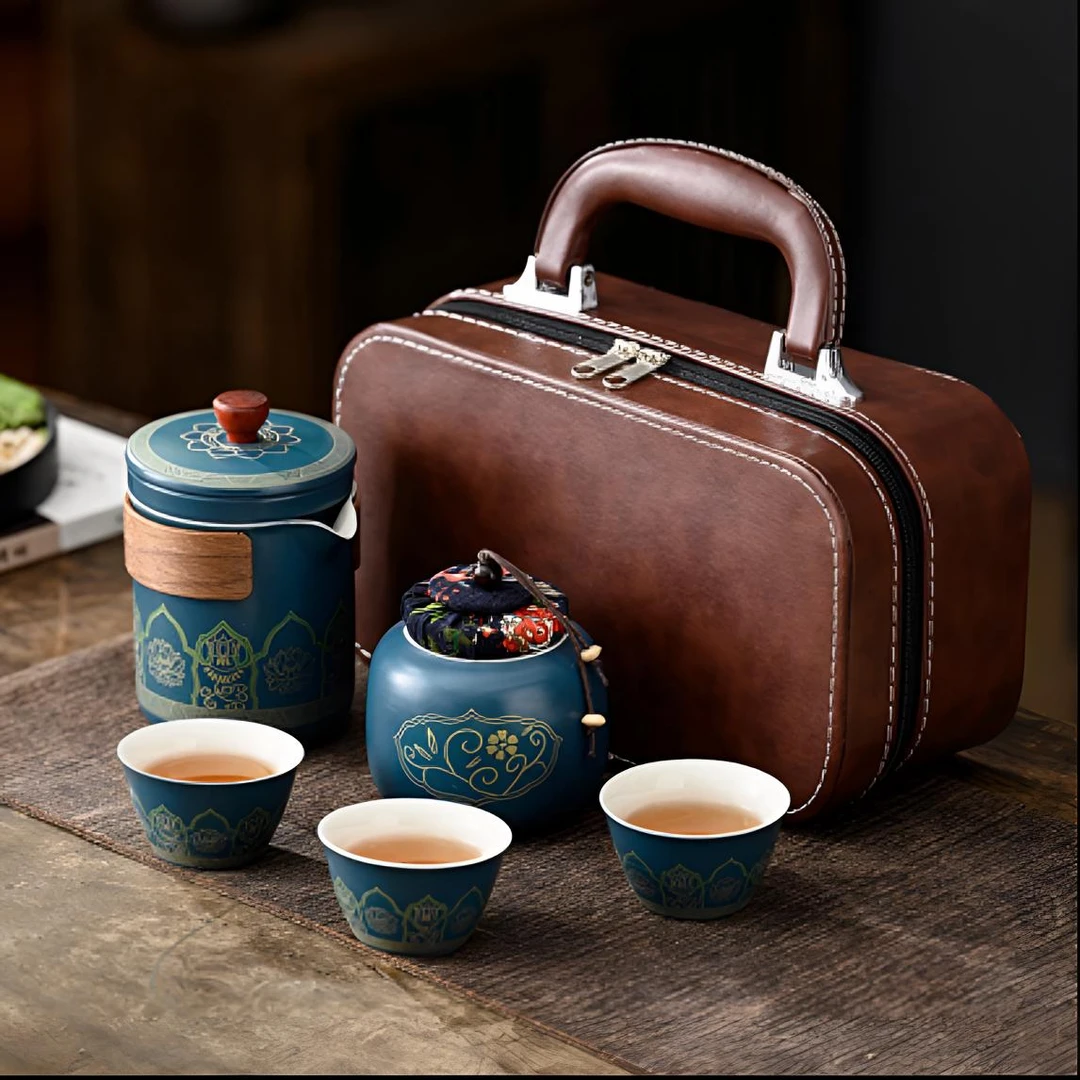 宝相花墨绿旅行套便携茶具陶瓷一壶三杯防烫过滤新中式114
