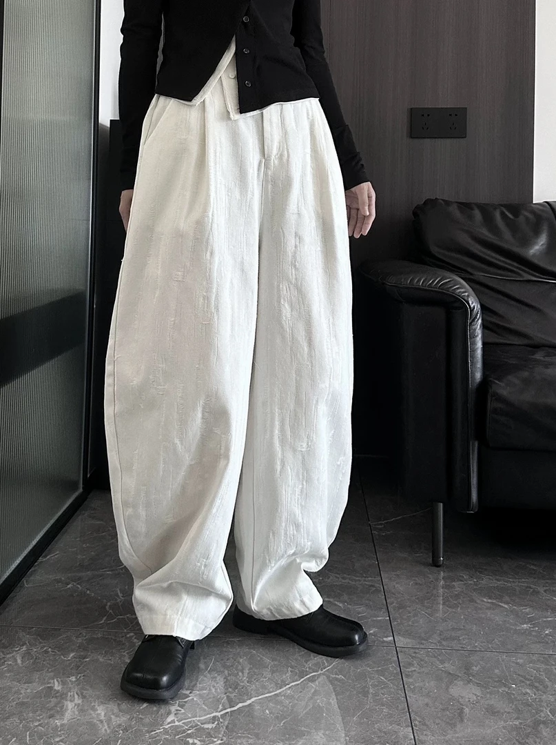 【晚李四季】白色弯刀裤高腰拖地裤花纹设计长裤 薄款纯色休闲裤