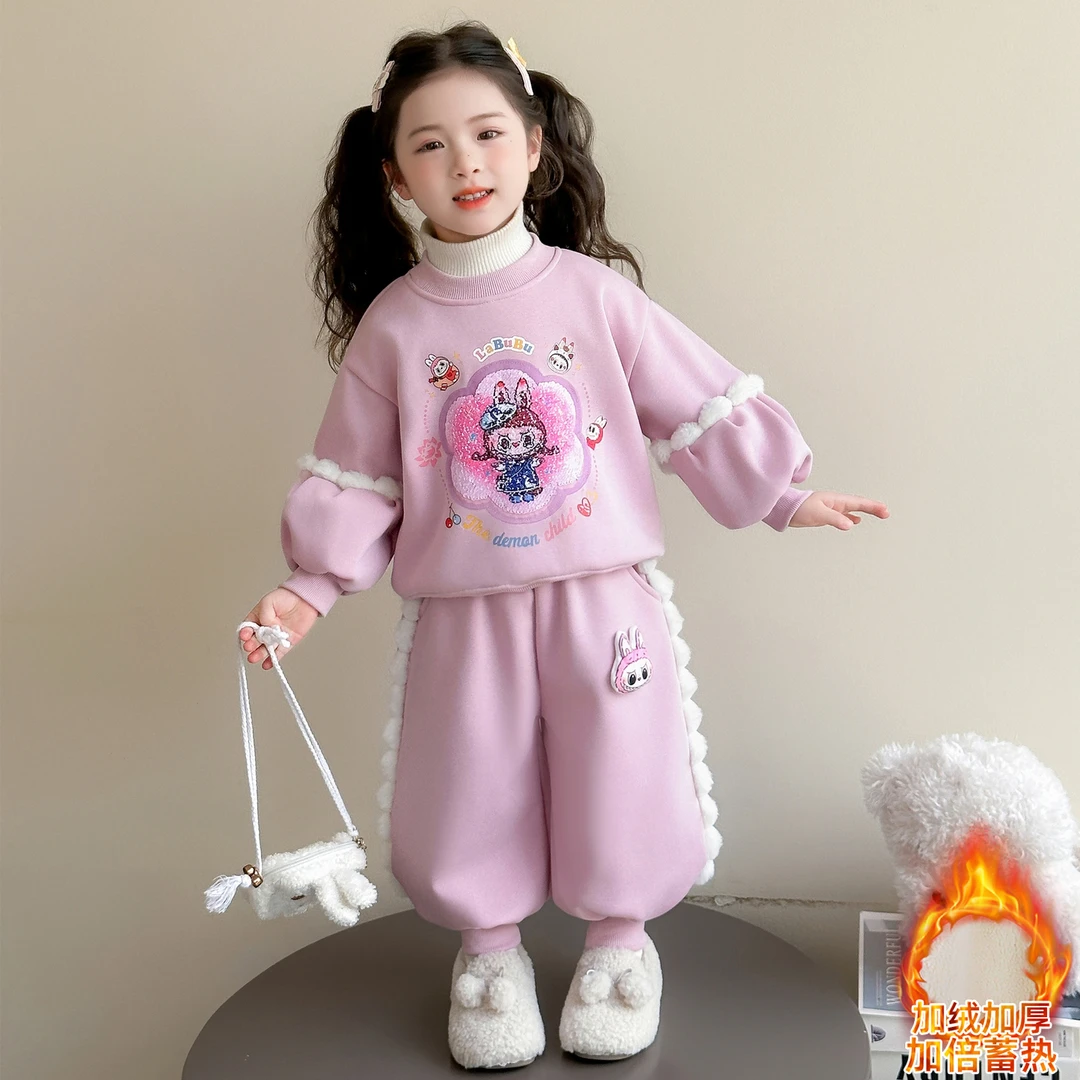 女童加绒套装加厚一体绒卡通儿童卫衣两件套小女孩宝宝秋冬装新款