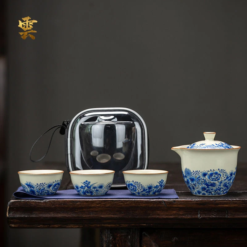 汝窑青花茶具便携式快客杯一壶三杯陶瓷功夫茶壶茶杯户外套装048