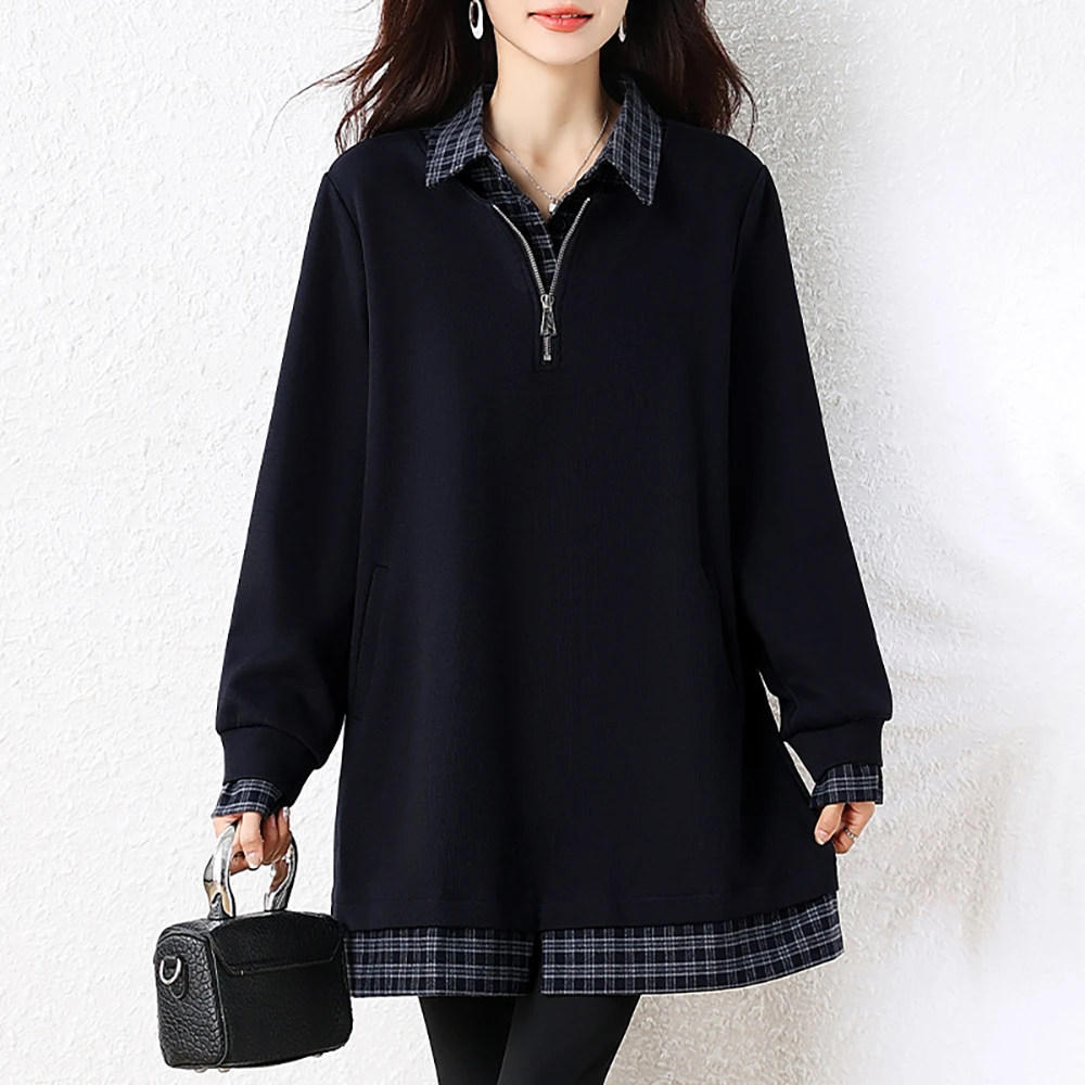 女士时尚格子套头卫衣2025秋季减龄宽松慵懒显瘦polo领假两件上衣