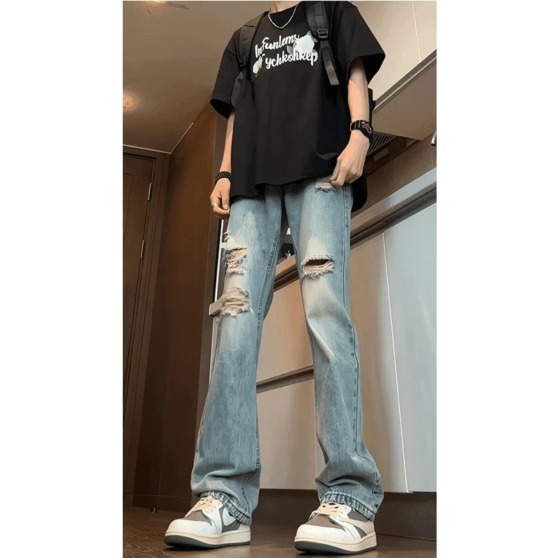 夏季破洞牛仔裤男款vintage宽松直筒微喇裤美式高街vibe薄款裤子