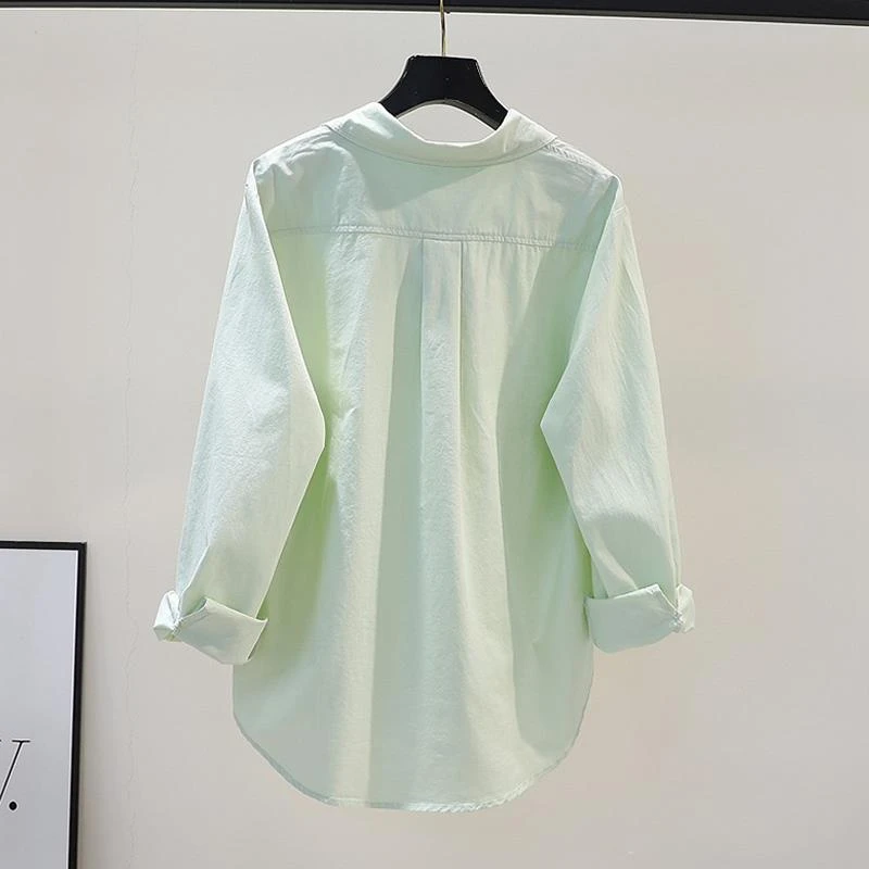 韩系纯色浅绿色衬衫女早秋装宽松小个子外搭长袖衬衣ins上衣外套