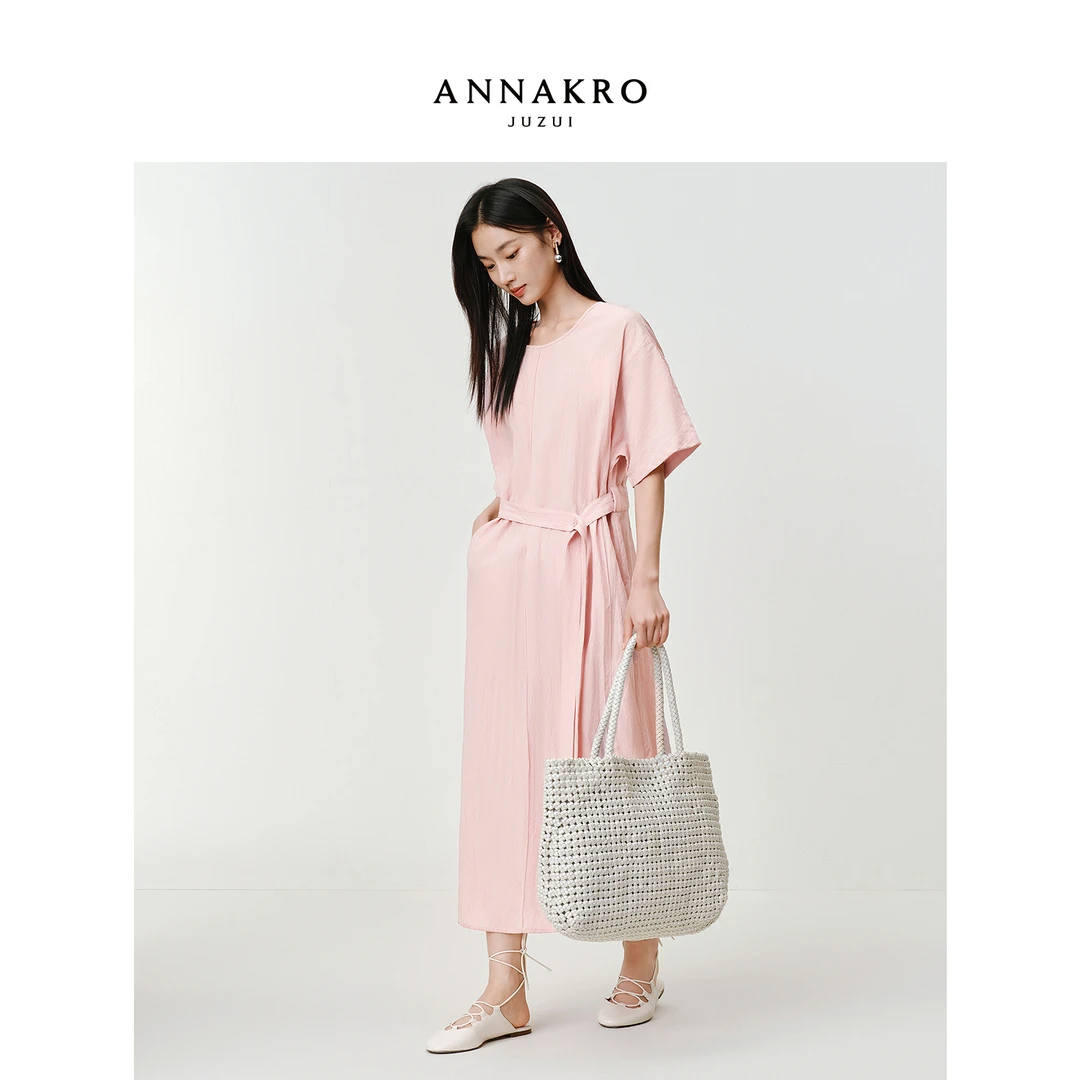 玖姿·安娜蔻KWFQ50028静奢风莱赛尔蝙蝠袖收腰连衣裙女2025新款