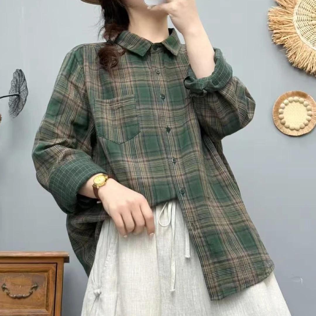 双层棉纱色织格子衬衣长袖衬衫秋季春秋女宽松百搭文艺复古上衣