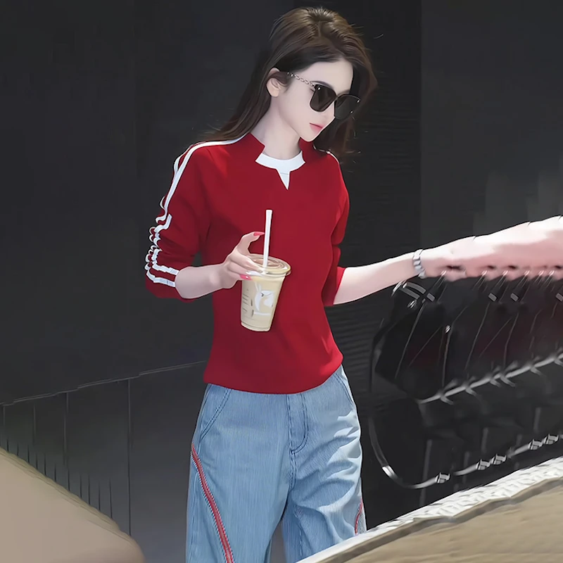 欧货休闲运动套装女2025新款春秋时尚洋气减龄红色上衣长裤两件套