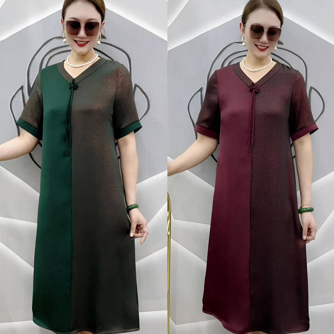 230 新款V领时尚撞色暗纹连衣裙  显瘦气质中长款妈妈装