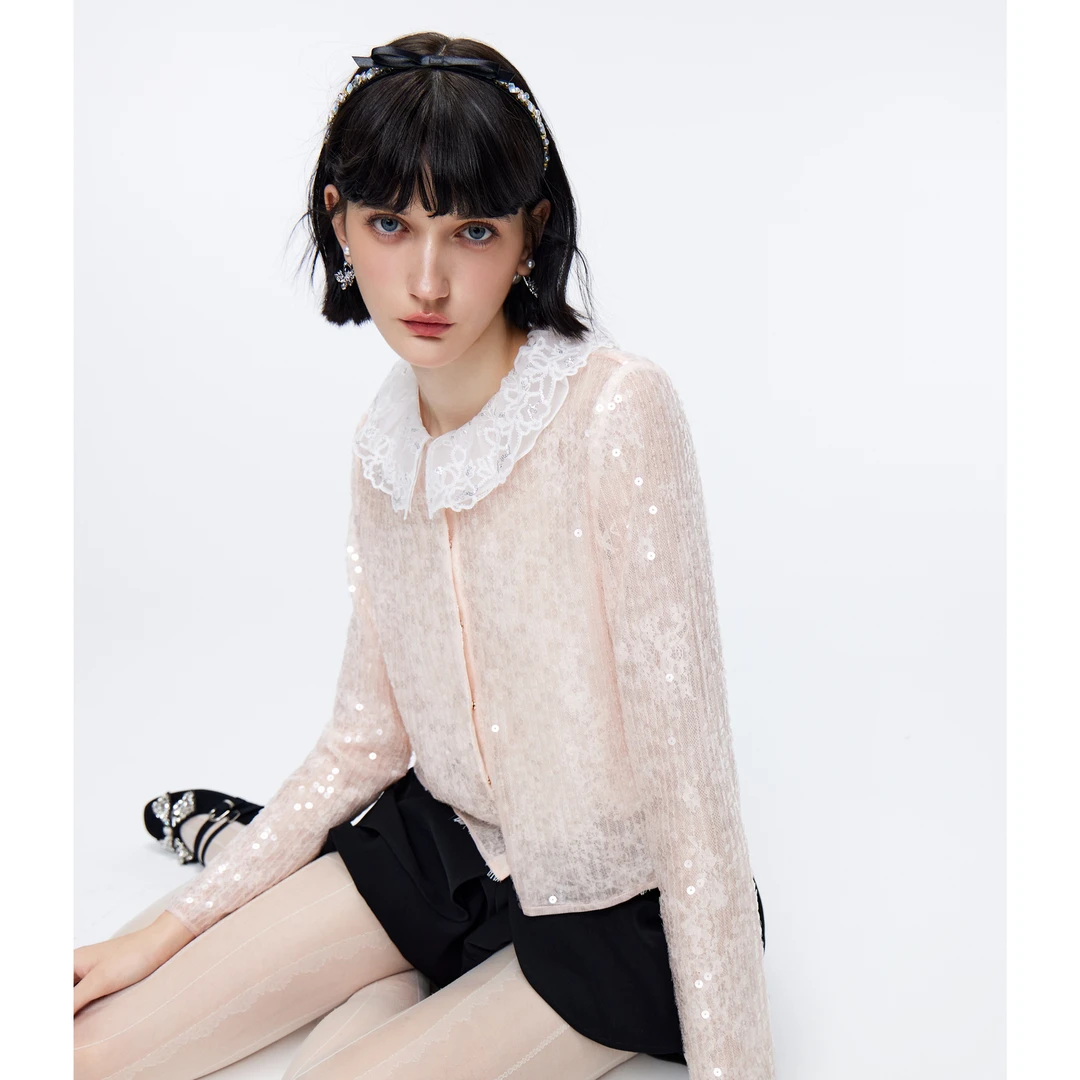 MISSCOCOON可可尼亮片蕾丝雪纺衫女2025秋新款千金风高级感开衬衫