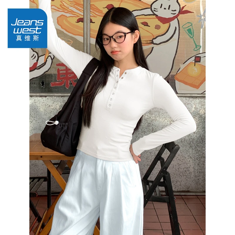 真维斯白色正肩开领t恤打底衫女2025新款秋季小个子修身显瘦上衣