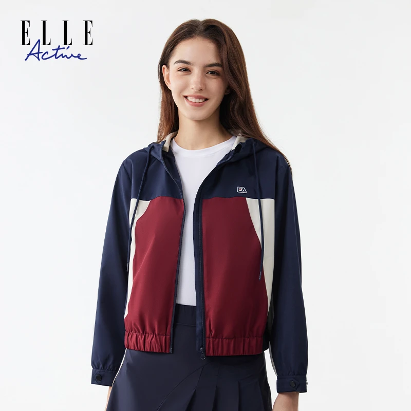 ELLE Active【时尚拼接】撞色连帽风衣女秋季短款拉链外套洋气百搭