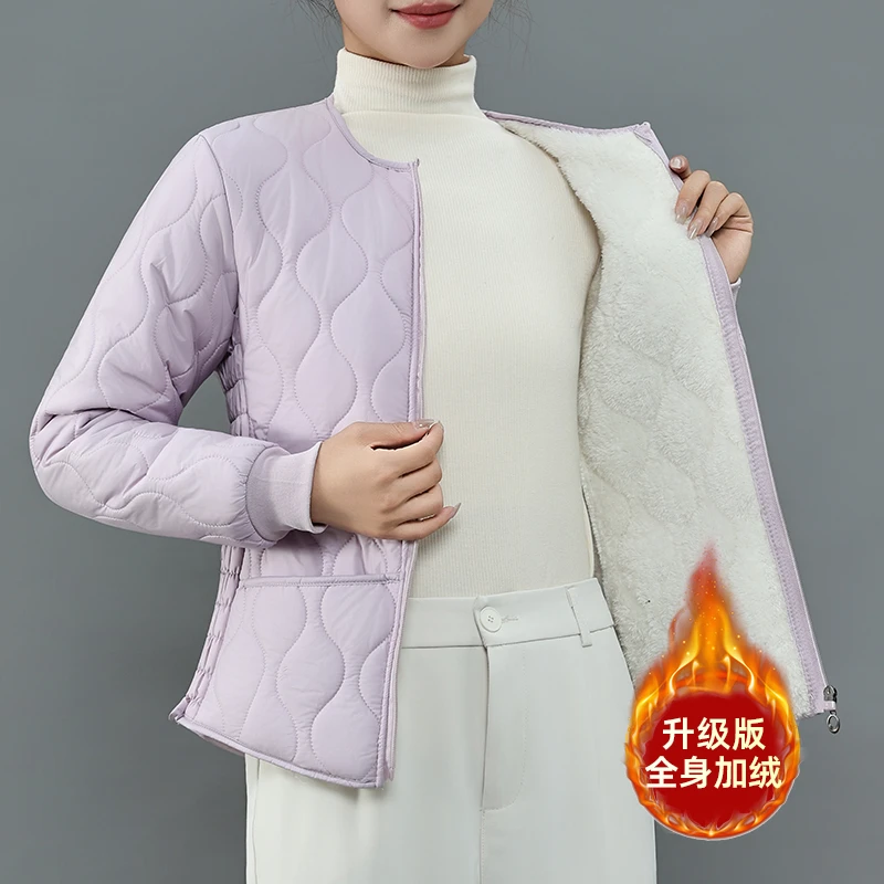 女士贴身小棉袄秋冬新款加绒保暖圆领拉链休闲棉袄修身显瘦冬装