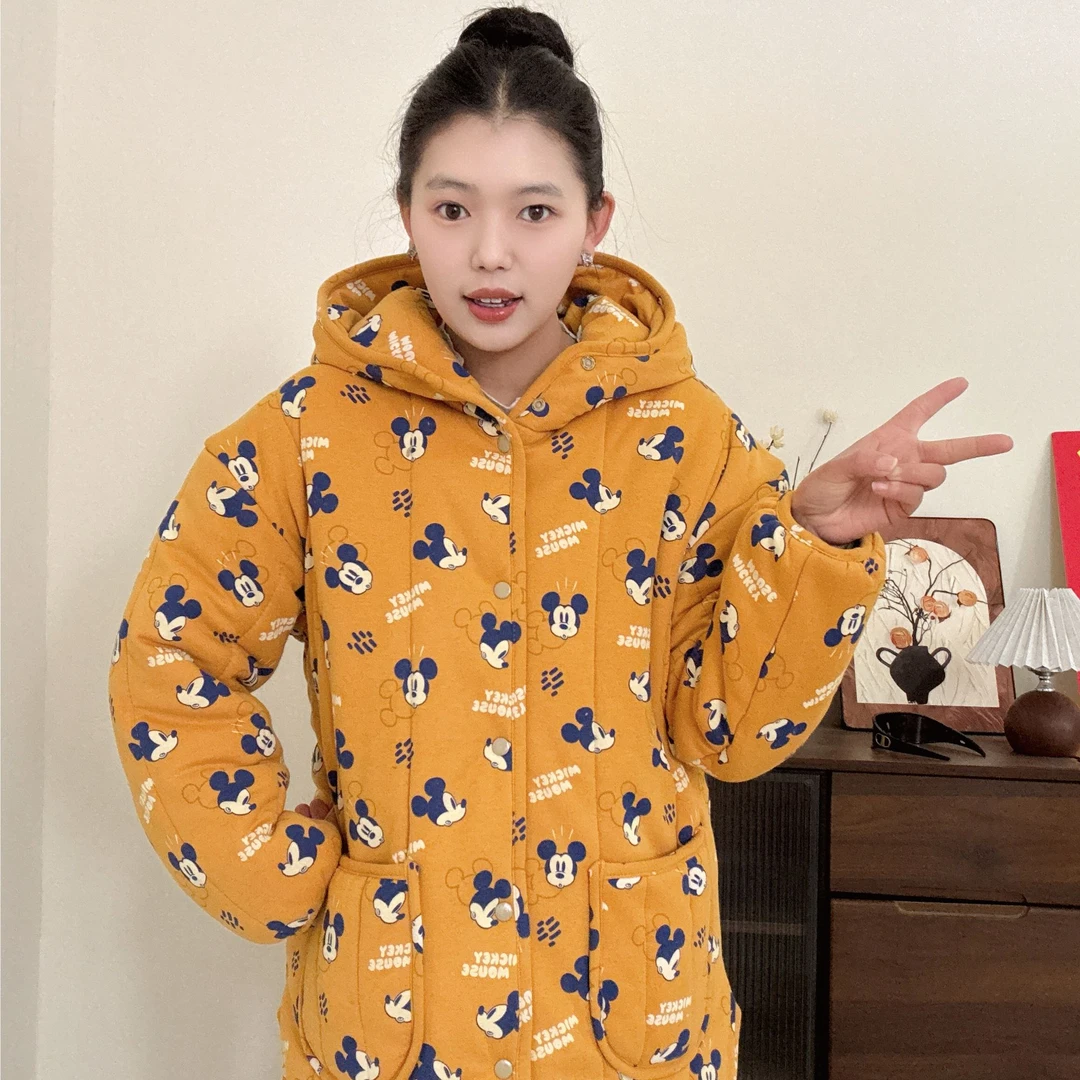 九月家新疆棉花【英文米奇】连帽开叉宽松家居服保暖棉衣棉服女省服