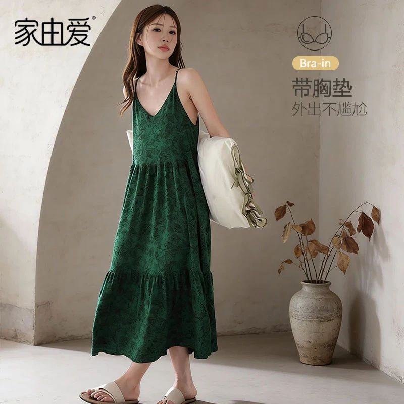 【墨绿森林】复古花卉睡衣女带胸垫吊带睡裙可外穿性感家居服连衣裙