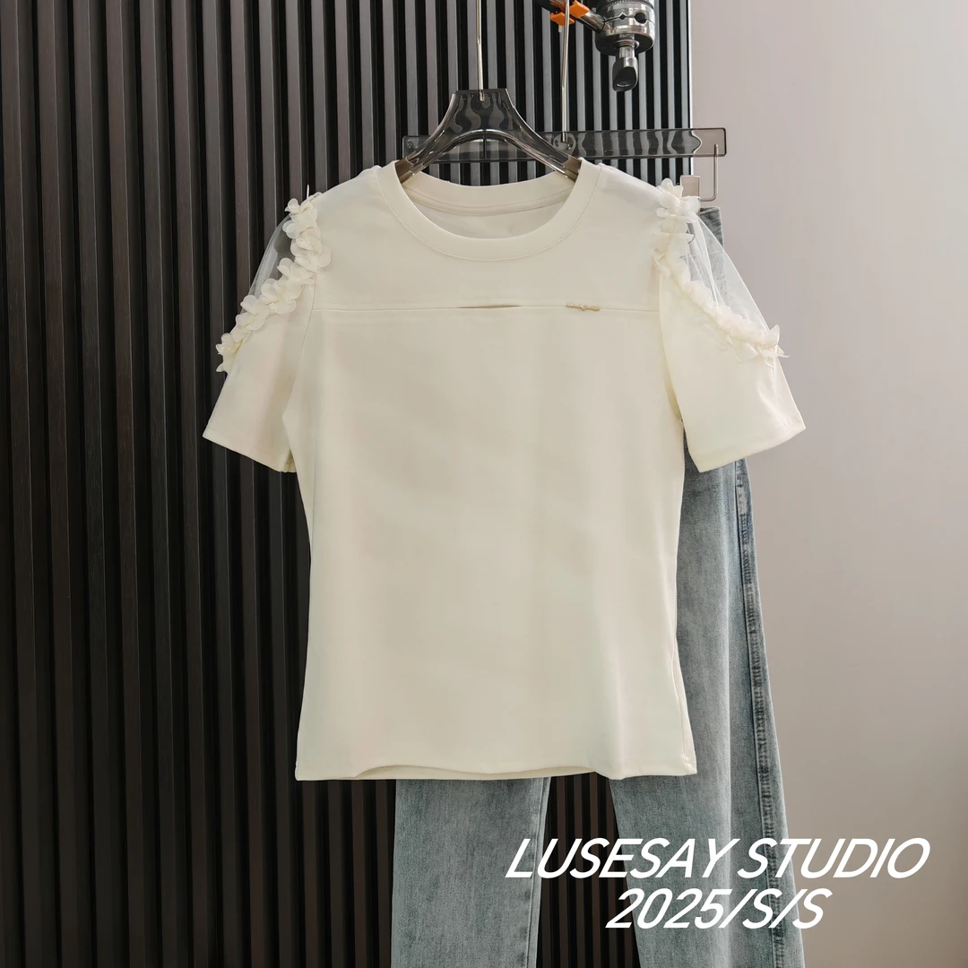 LUSESAY 镂空设计蕾丝花边 夏季2025新款 短袖t恤女百搭显瘦上衣