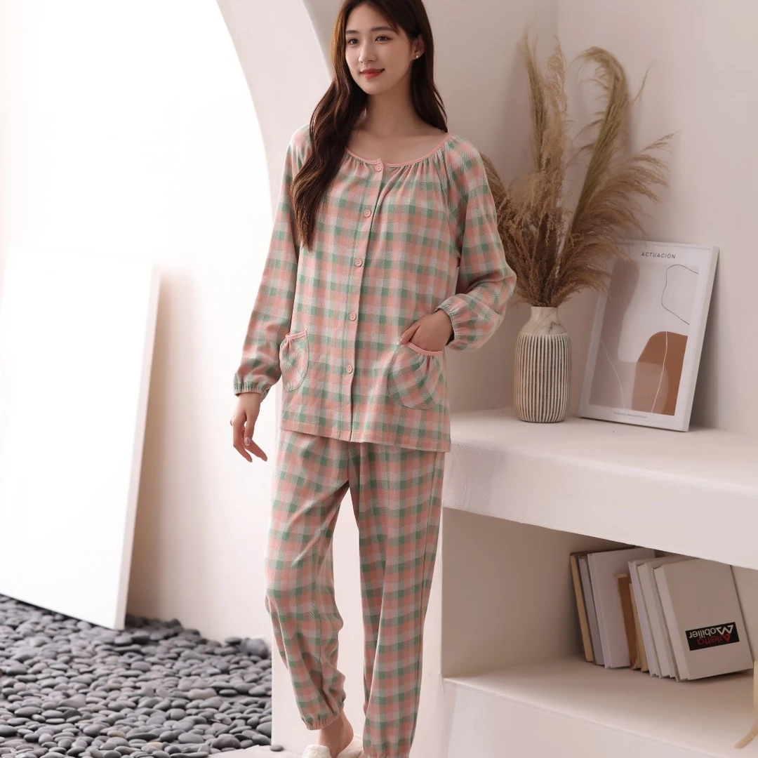 佐雅秋冬棉提花开扣家居服睡衣