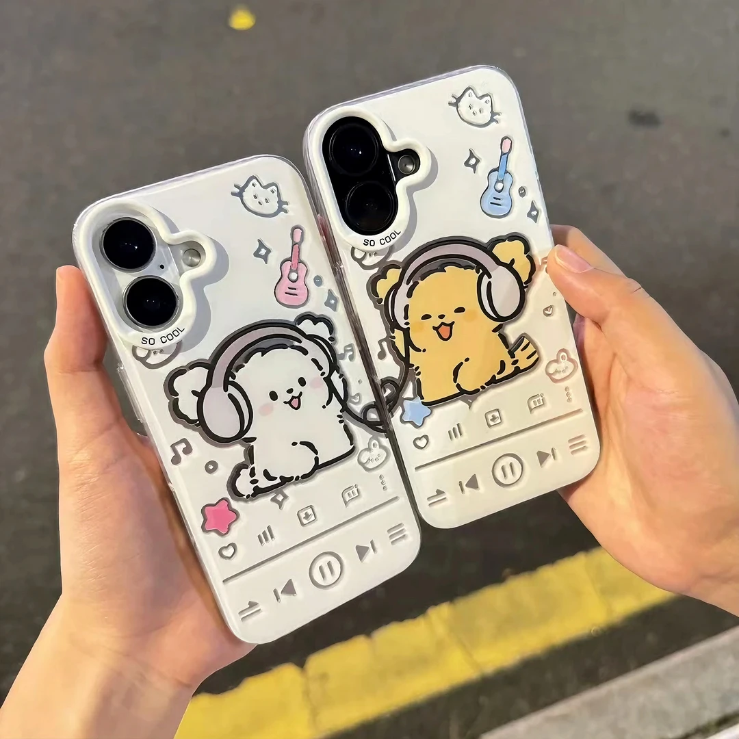 雅天立可爱听歌小狗适用iPhone16苹果1513手机壳华为vivo小米oppo