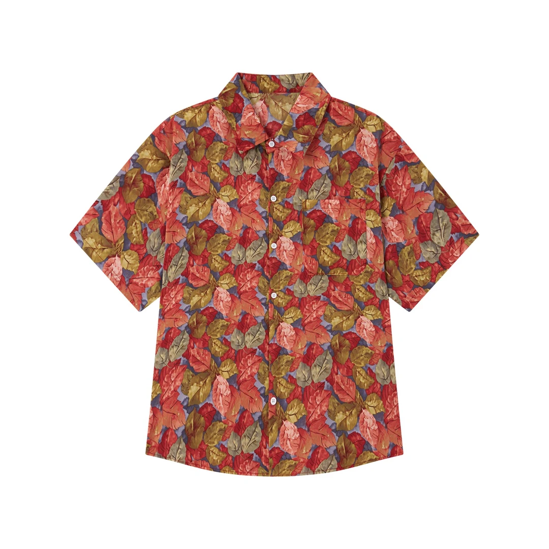 高级感痞帅树叶印花五分袖夏季美式情侣宽松衬衫夏威夷设计感短袖