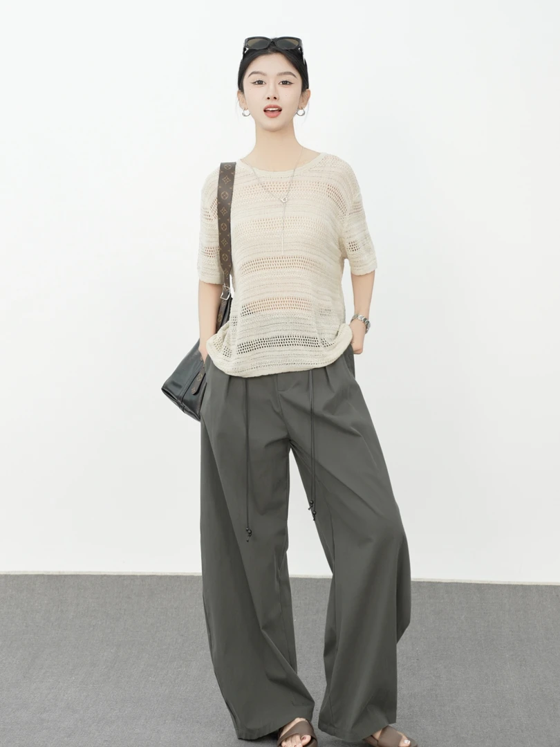 【老白不白】夏季短袖时尚镂空休闲圆领套头针织衫OW252ZZ011C