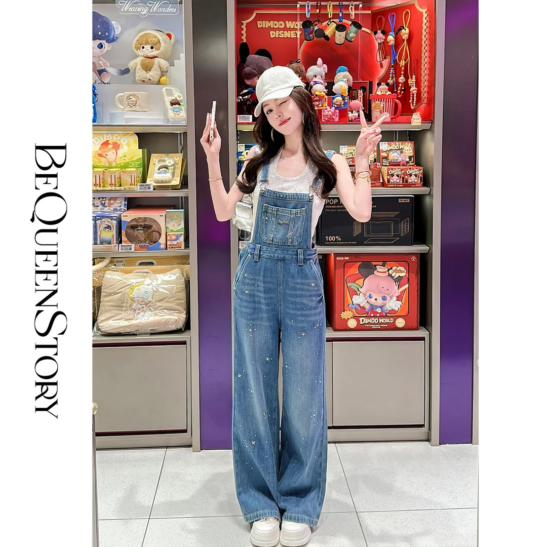 余潇潇【港岛假日】烫钻柔软舒适阔腿牛仔背带裤2025新款女