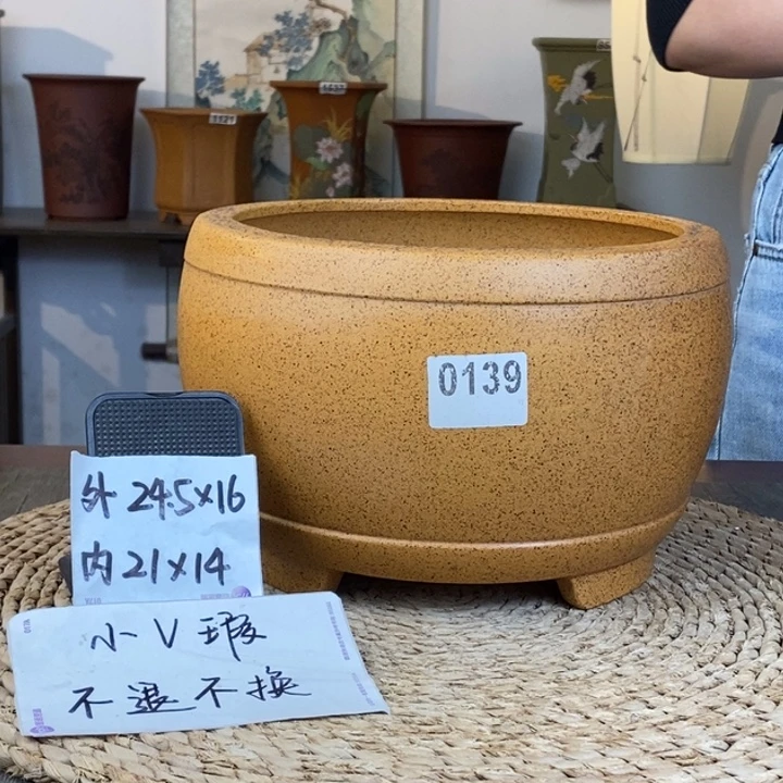 紫砂花盆  微微瑕柴烧大鼓盆0139