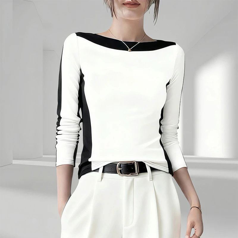打底衫2025秋冬新款时尚百搭修身显瘦一字领拼色内搭上衣长袖T恤