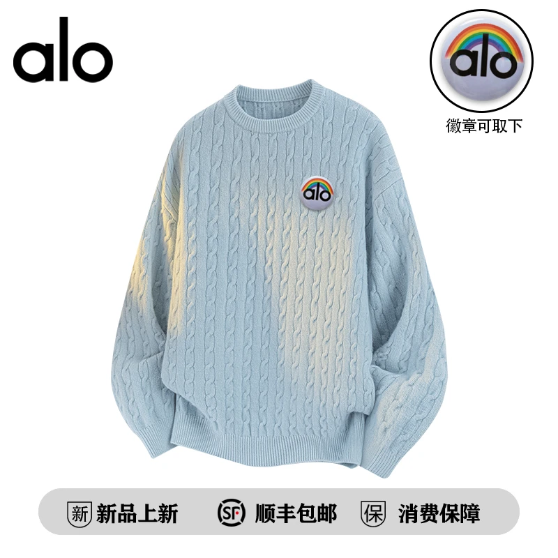 alo潮牌 秋季潮牌麻花毛衣男女季休闲慵懒风感圆领徽章百搭针织衫