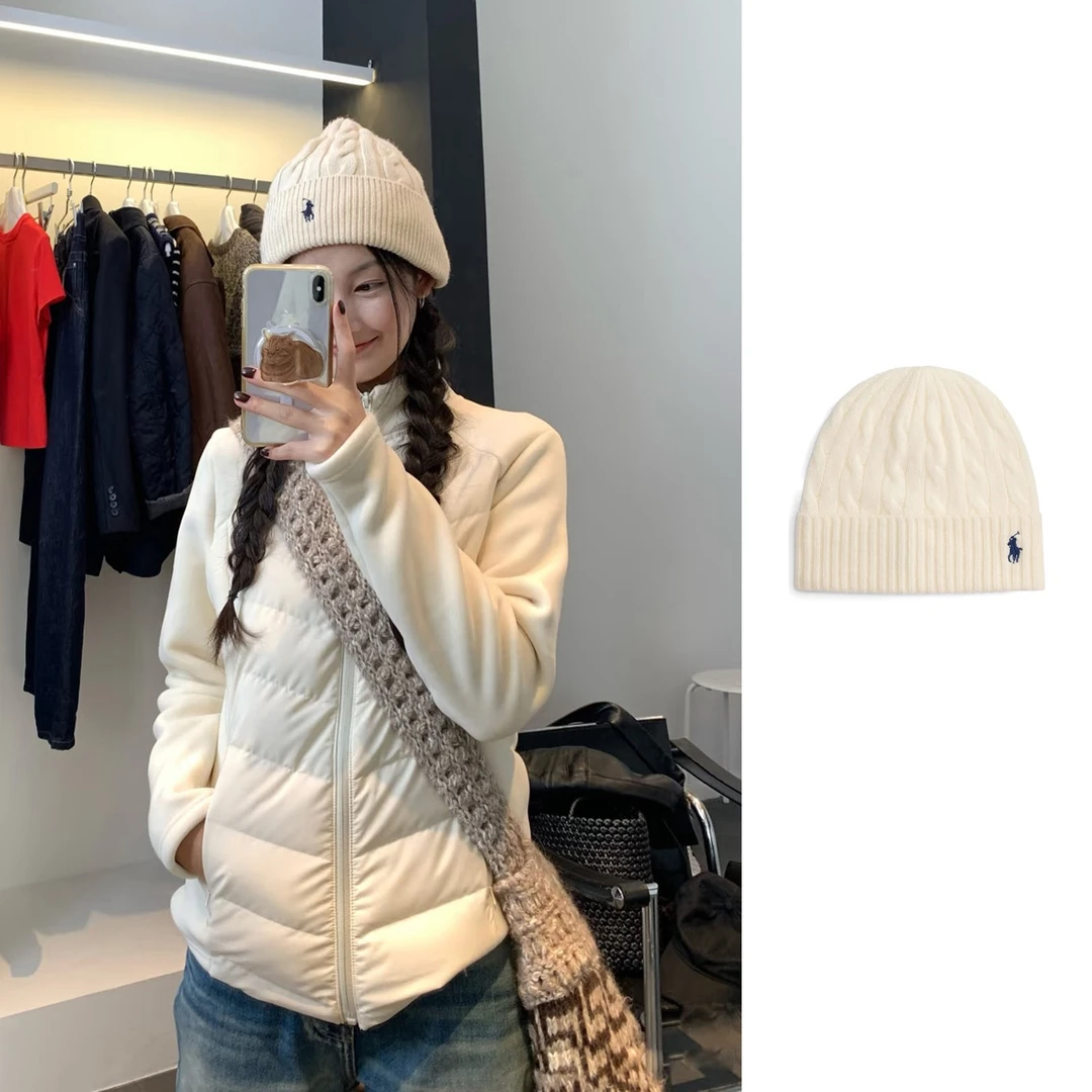 未使用 Ralph Lauren/拉夫劳伦 米白色刺绣徽标绞花冷帽