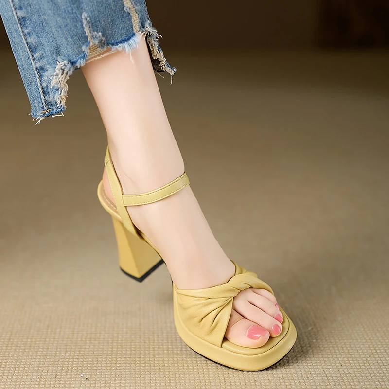 小个子手工女鞋9.5cm~气质时尚高跟鞋2025春季新款蝴蝶结粗跟凉鞋