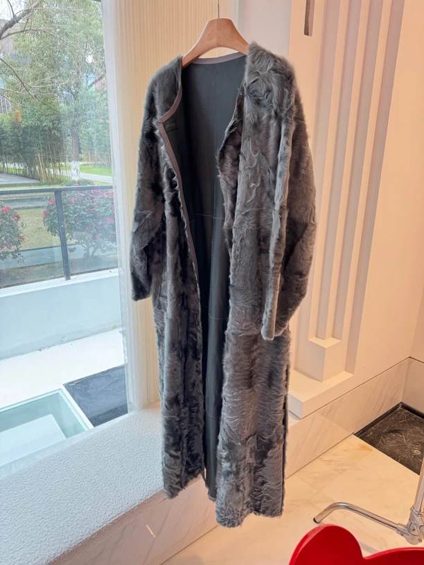 MICHAEL LI-小小湖羊 超薄烟灰色长款开叉大衣