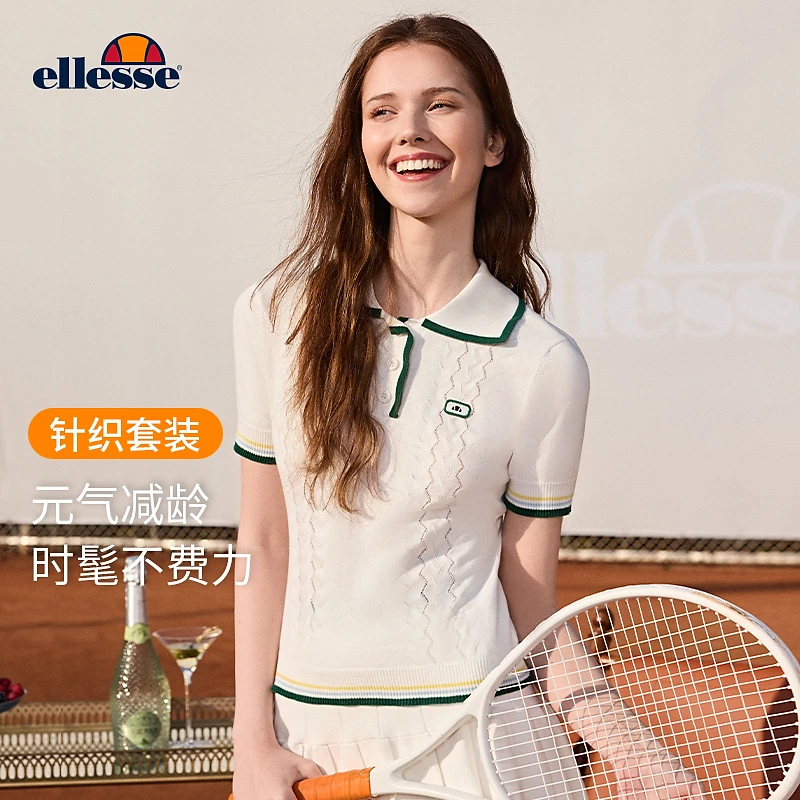 Ellesse针织撞色翻领短袖网球运动套装25新款运动休闲半身裙跑步