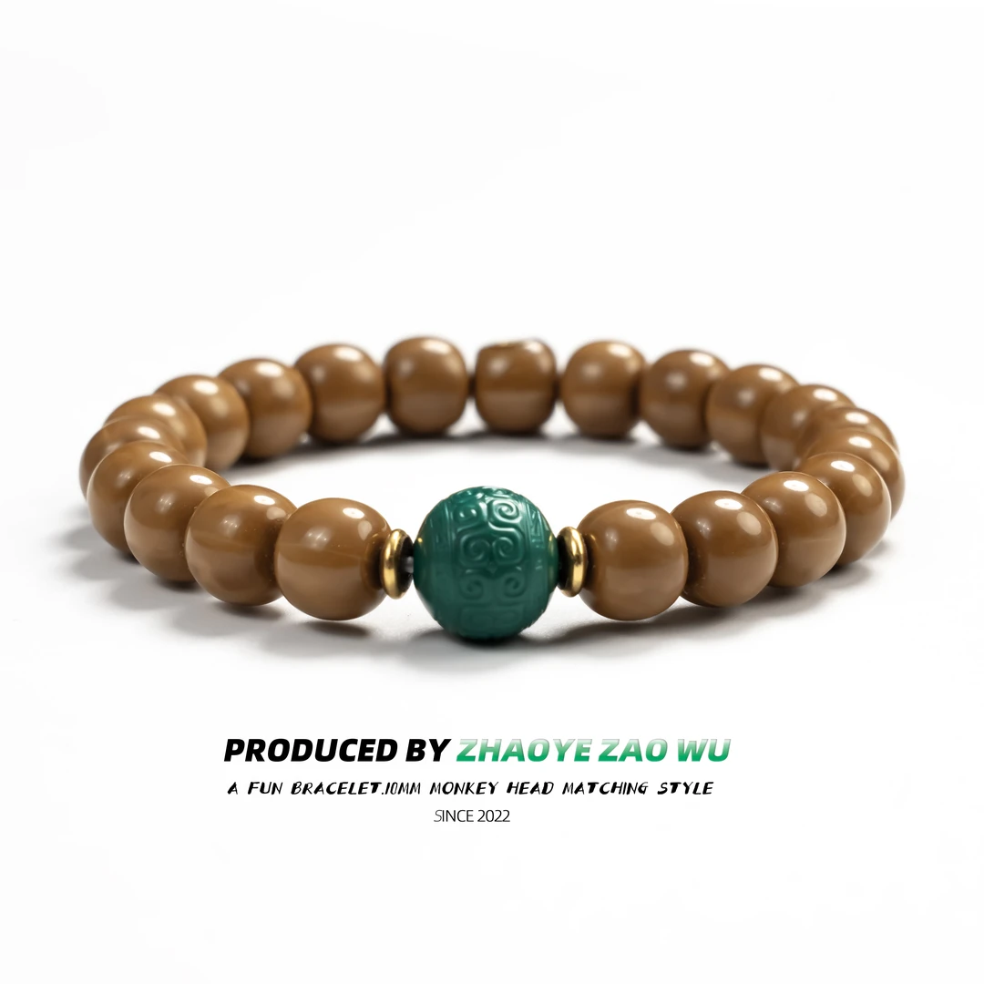 【照野造物】10mm精品带标老型猴头搭配雕刻地狱色顶珠单圈文玩手串