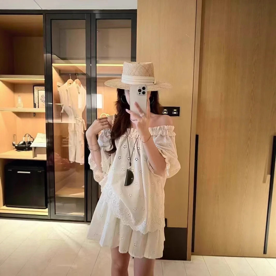 法式一字肩刺绣泡泡袖上衣女短裤套装女夏季宽松露肩娃娃衫两件套
