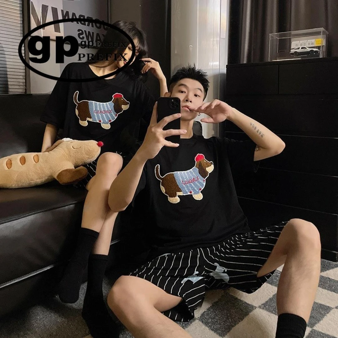 日系小众GP情侣睡衣女夏季纯棉短袖短裤条纹高级感男士家居服套装