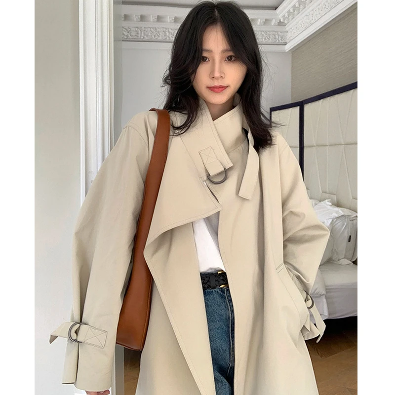 【24099】英伦风立领中长款宽松风衣外套女