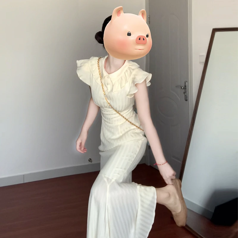 3386法式小飞袖鱼尾连衣裙子女夏季2025新款修身收腰高级感长裙子