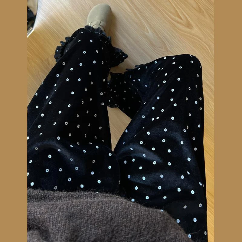 chao级推荐！冬天氛围感小花朵木耳边设计丝绒裤女加绒垂感阔腿裤