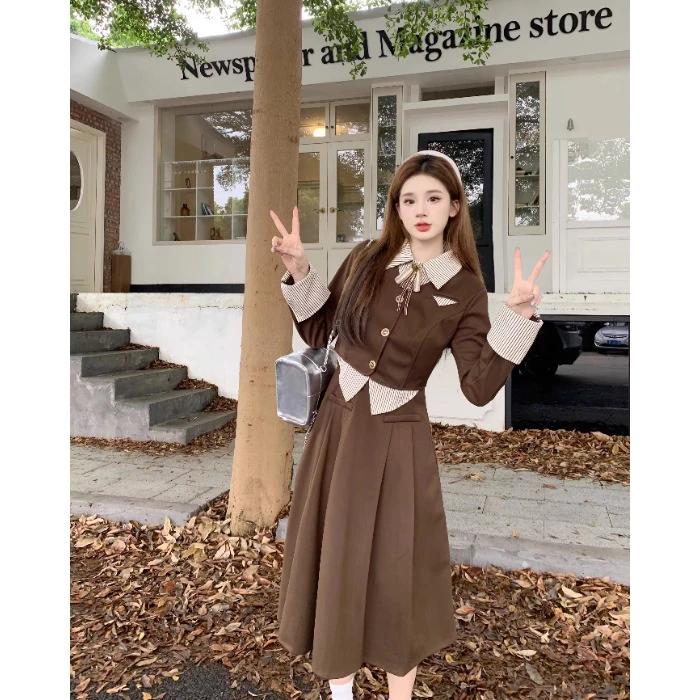YH-66661大码女装胖mm假两件上衣复古半身裙学院风两件套深秋新款
