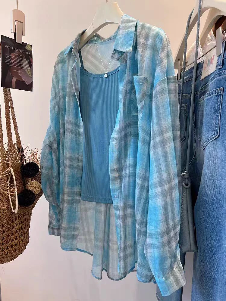 2025夏季新款欧货撞色格子宽松休闲长袖衬衫百搭防晒衣女潮流时尚