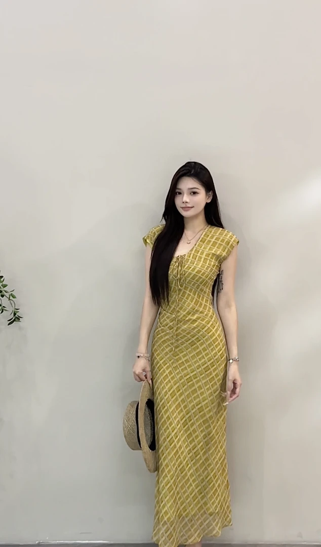 【苏苏】 夏季新款复古女装裙子温柔时尚收腰包臀格子连衣裙DT1381