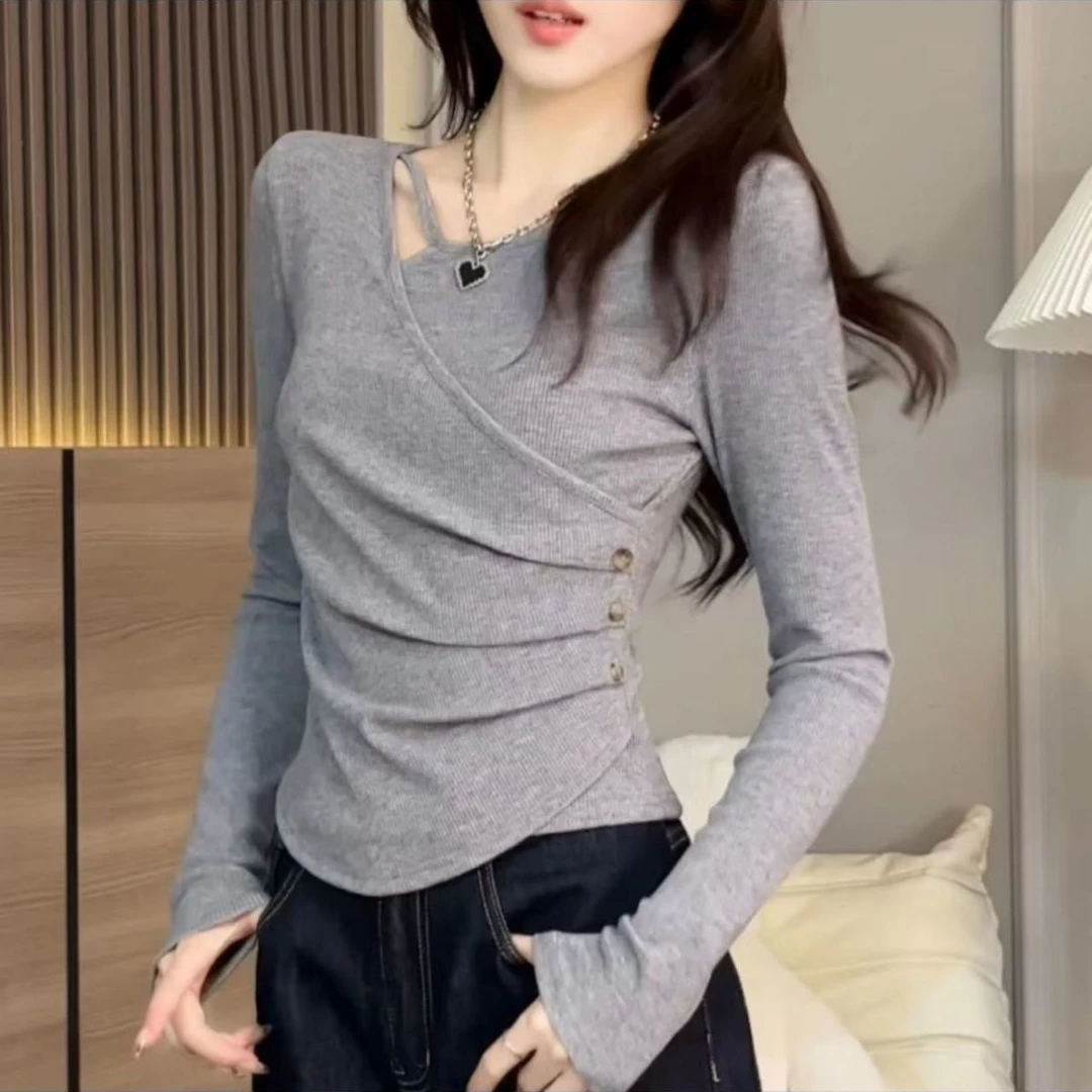 春秋季韩版休闲不规则设计薄款长袖装饰扣子灰色收腰修身洋气正品