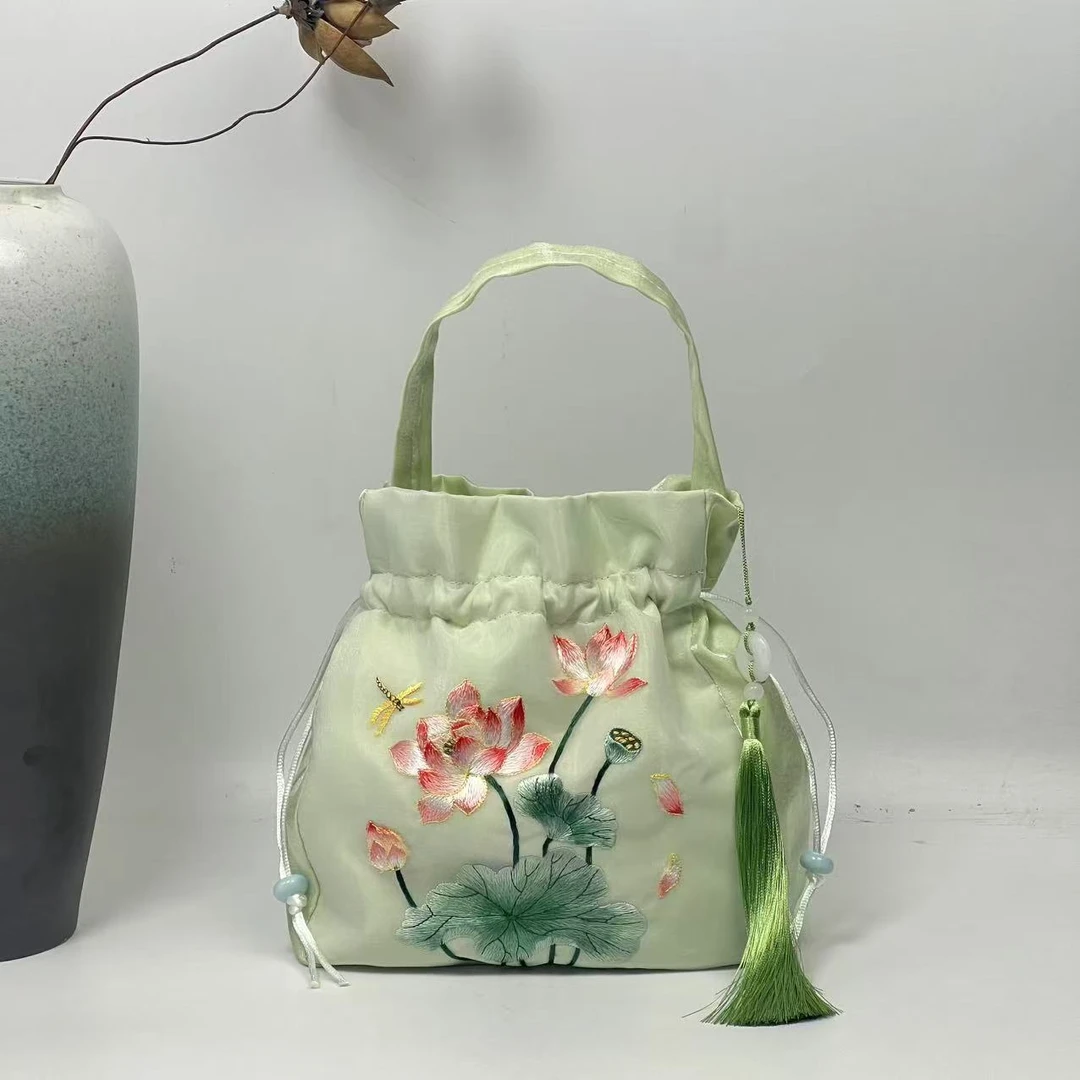 （绿色）青荷大包 苏绣非遗刺绣零钱钥匙化妆品杂物古装包